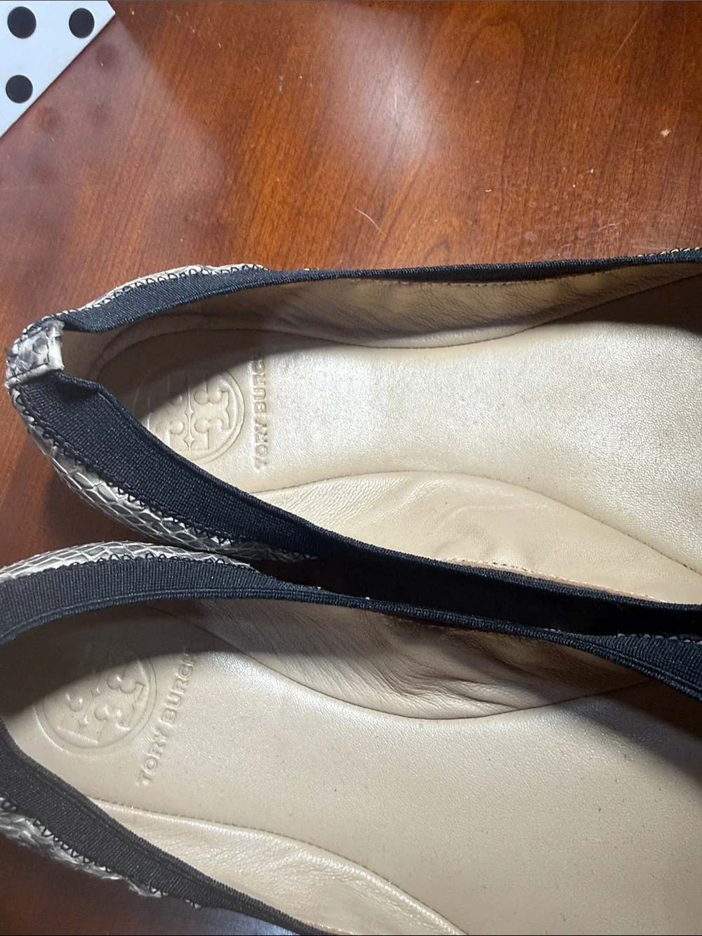Tory Burch Snake-Print Ballet Flats in Beige and Black with Gold Logo